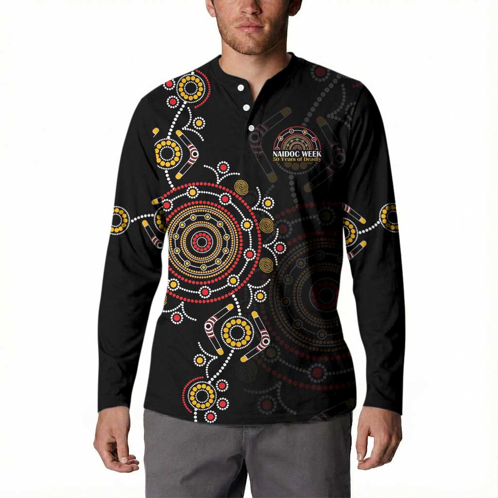 NAIDOC Deadly 50 Years Button Sweatshirt Aboriginal Black Gold Boomerang Art
