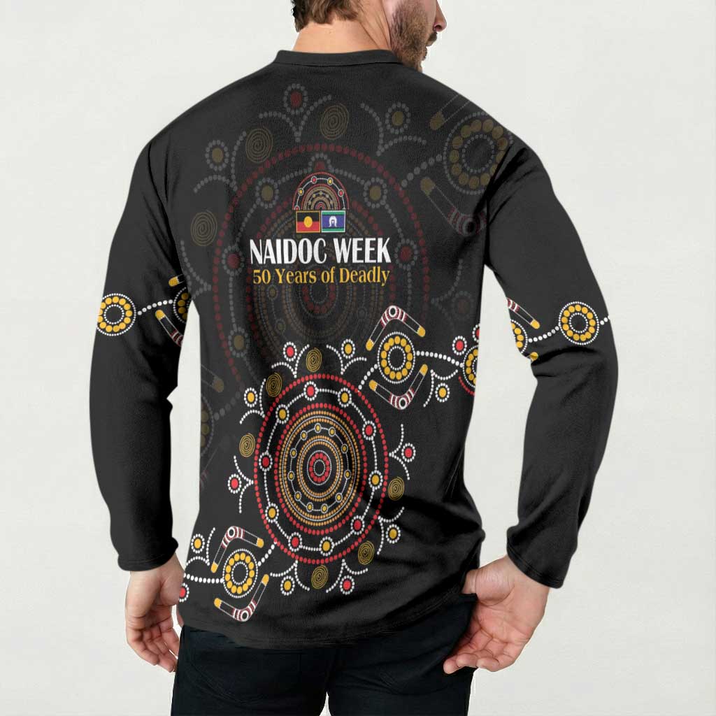 NAIDOC Deadly 50 Years Button Sweatshirt Aboriginal Black Gold Boomerang Art