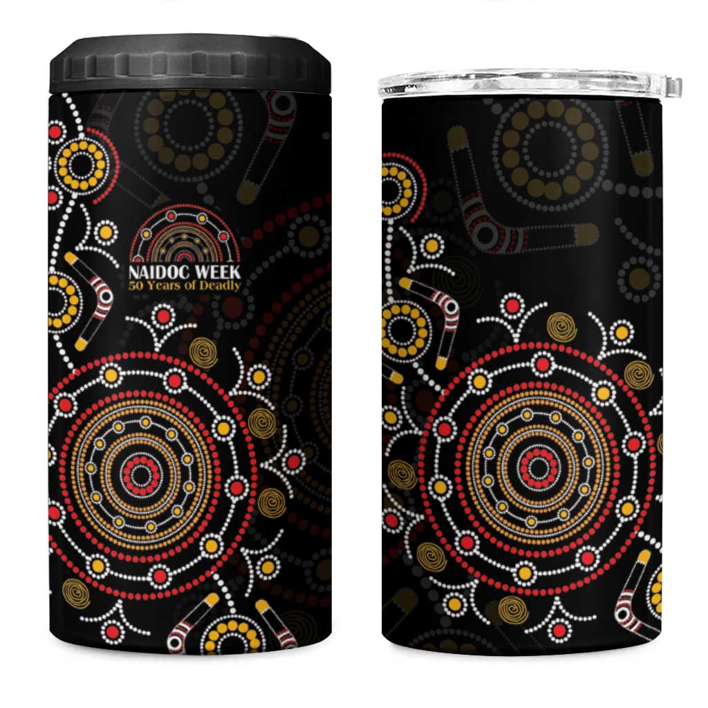 NAIDOC Deadly 50 Years 4 in 1 Can Cooler Tumbler Aboriginal Black Gold Boomerang Art