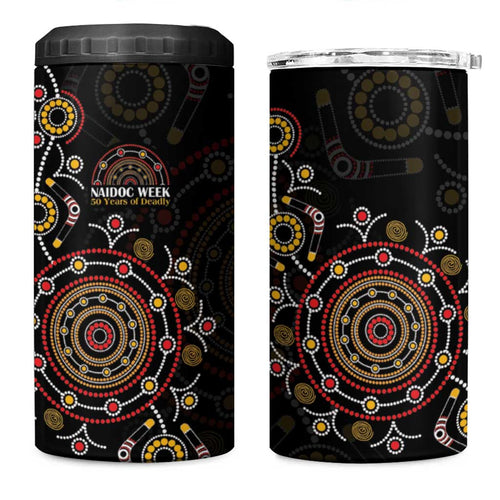 NAIDOC Deadly 50 Years 4 in 1 Can Cooler Tumbler Aboriginal Black Gold Boomerang Art