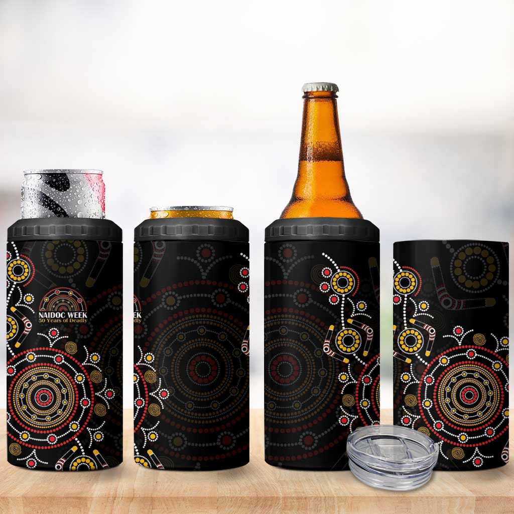 NAIDOC Deadly 50 Years 4 in 1 Can Cooler Tumbler Aboriginal Black Gold Boomerang Art