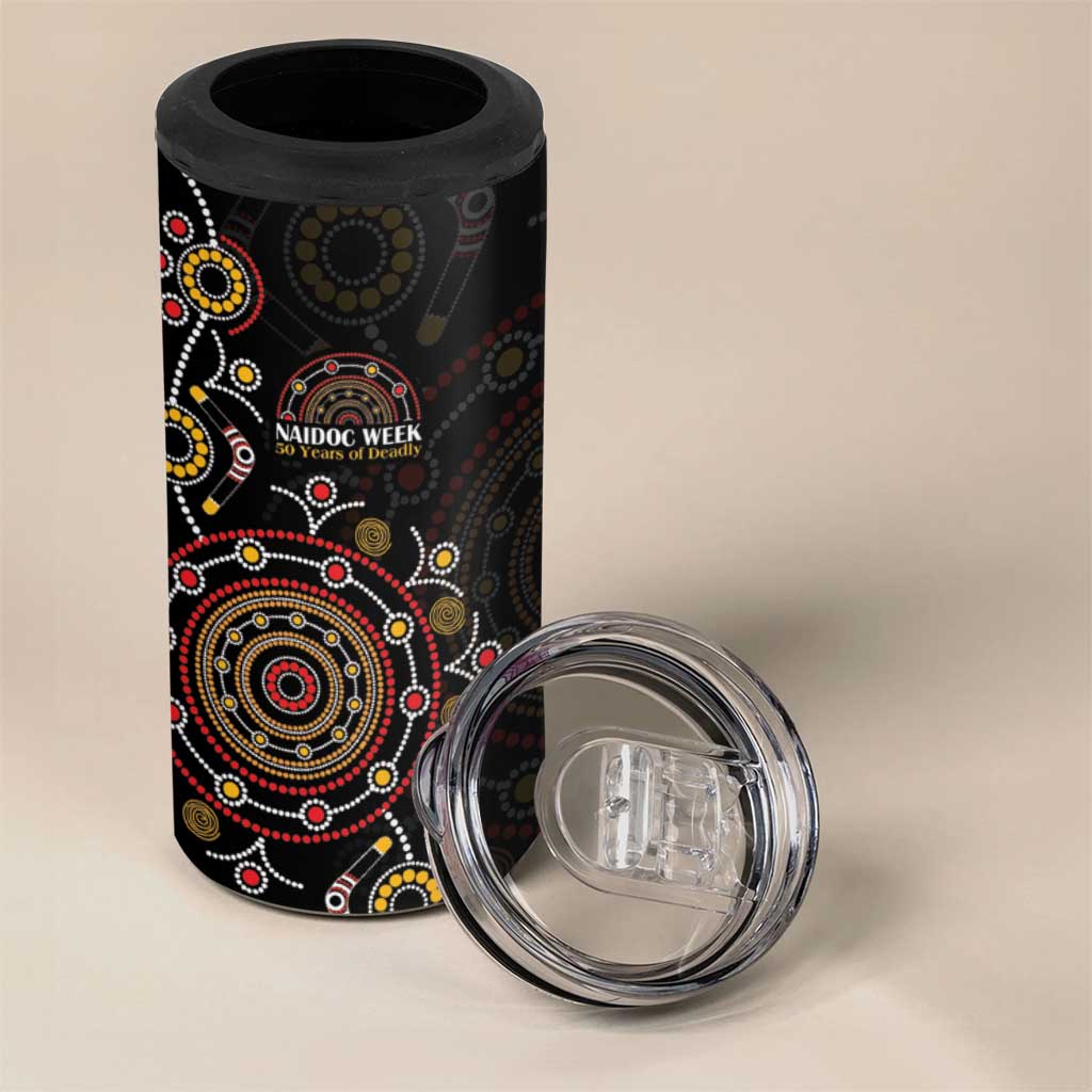 NAIDOC Deadly 50 Years 4 in 1 Can Cooler Tumbler Aboriginal Black Gold Boomerang Art