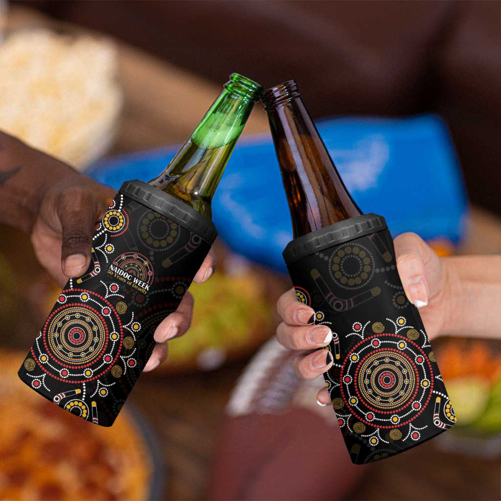 NAIDOC Deadly 50 Years 4 in 1 Can Cooler Tumbler Aboriginal Black Gold Boomerang Art