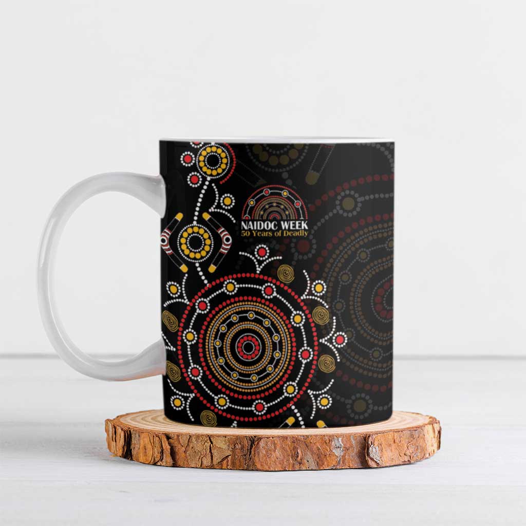 NAIDOC Deadly 50 Years Ceramic Mug Aboriginal Black Gold Boomerang Art