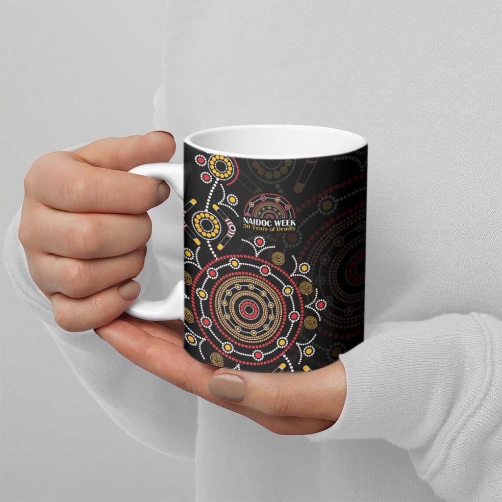 NAIDOC Deadly 50 Years Ceramic Mug Aboriginal Black Gold Boomerang Art