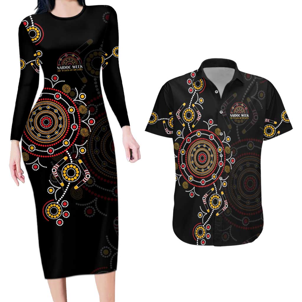 NAIDOC Deadly 50 Years Couples Matching Long Sleeve Bodycon Dress and Hawaiian Shirt Aboriginal Black Gold Boomerang Art