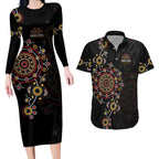 NAIDOC Deadly 50 Years Couples Matching Long Sleeve Bodycon Dress and Hawaiian Shirt Aboriginal Black Gold Boomerang Art