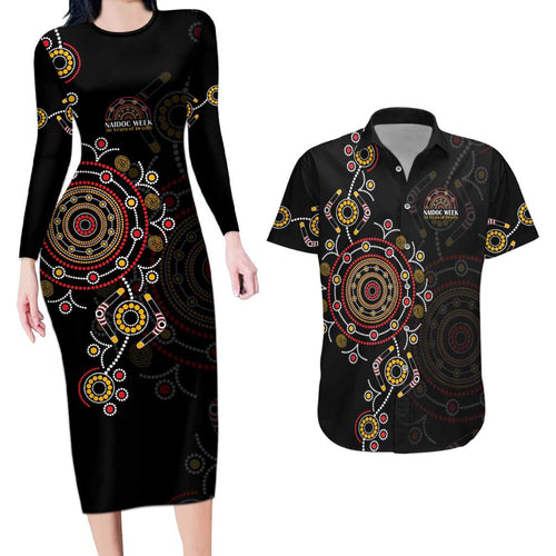NAIDOC Deadly 50 Years Couples Matching Long Sleeve Bodycon Dress and Hawaiian Shirt Aboriginal Black Gold Boomerang Art