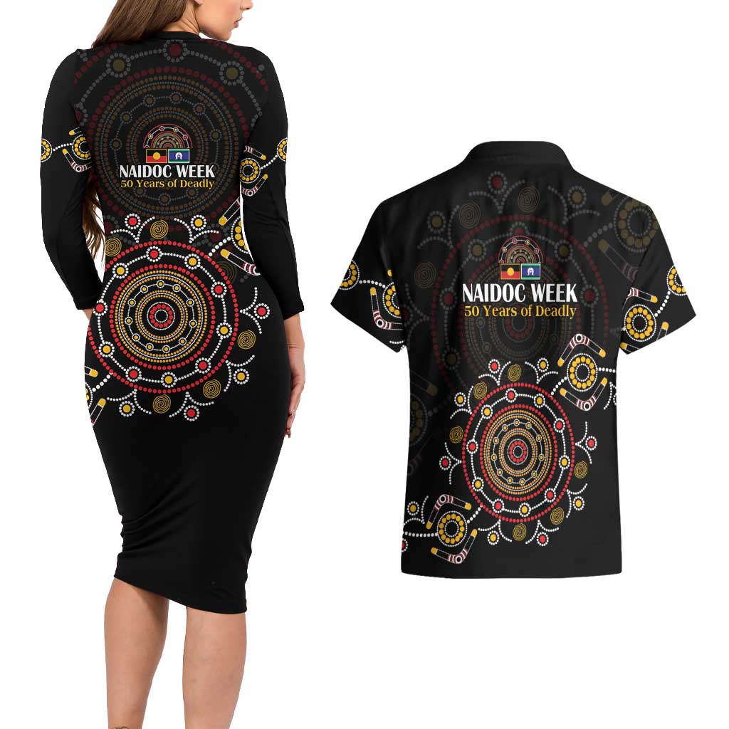 NAIDOC Deadly 50 Years Couples Matching Long Sleeve Bodycon Dress and Hawaiian Shirt Aboriginal Black Gold Boomerang Art