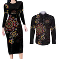 NAIDOC Deadly 50 Years Couples Matching Long Sleeve Bodycon Dress and Long Sleeve Button Shirt Aboriginal Black Gold Boomerang Art