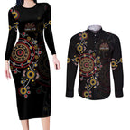 NAIDOC Deadly 50 Years Couples Matching Long Sleeve Bodycon Dress and Long Sleeve Button Shirt Aboriginal Black Gold Boomerang Art