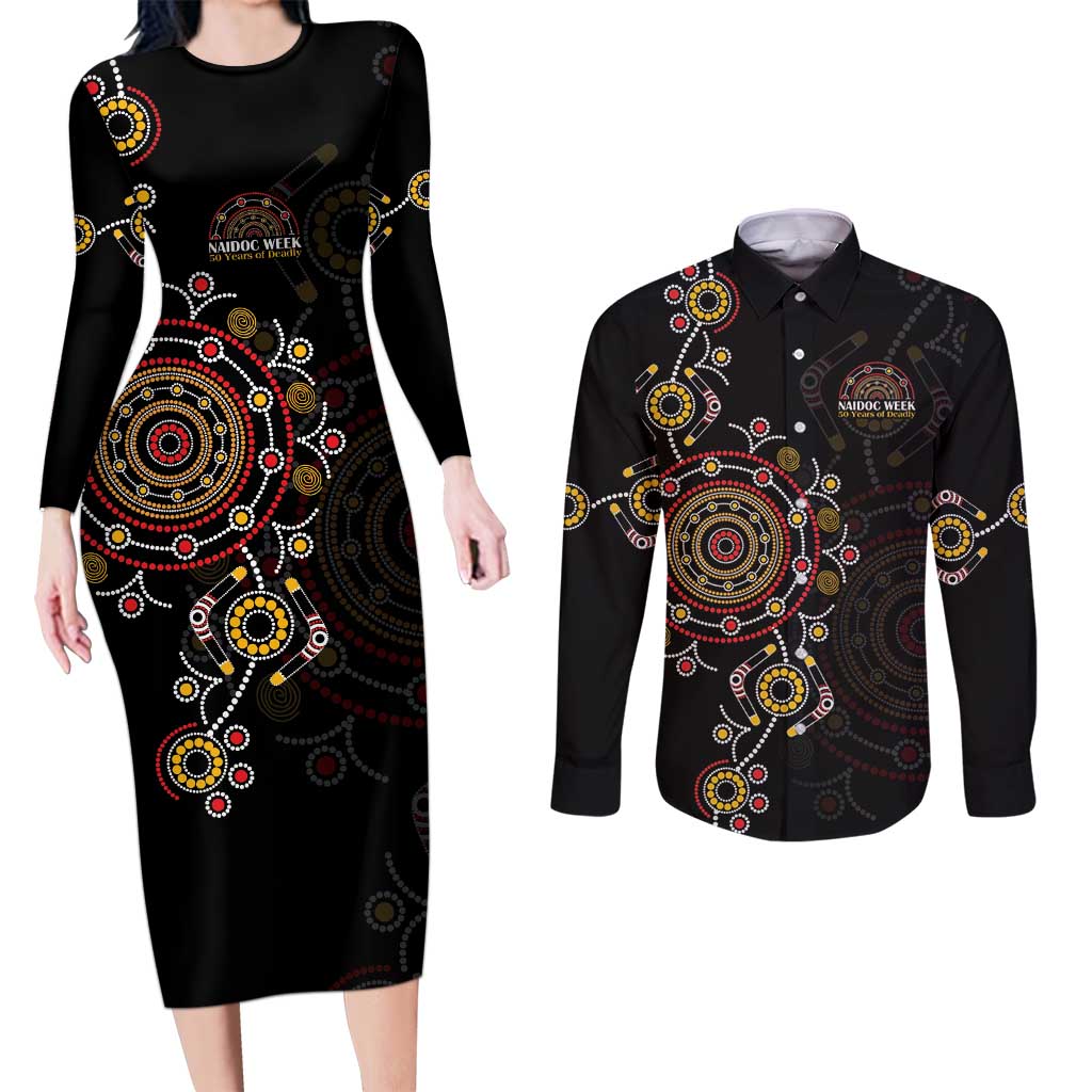 NAIDOC Deadly 50 Years Couples Matching Long Sleeve Bodycon Dress and Long Sleeve Button Shirt Aboriginal Black Gold Boomerang Art