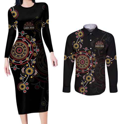 NAIDOC Deadly 50 Years Couples Matching Long Sleeve Bodycon Dress and Long Sleeve Button Shirt Aboriginal Black Gold Boomerang Art