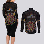 NAIDOC Deadly 50 Years Couples Matching Long Sleeve Bodycon Dress and Long Sleeve Button Shirt Aboriginal Black Gold Boomerang Art