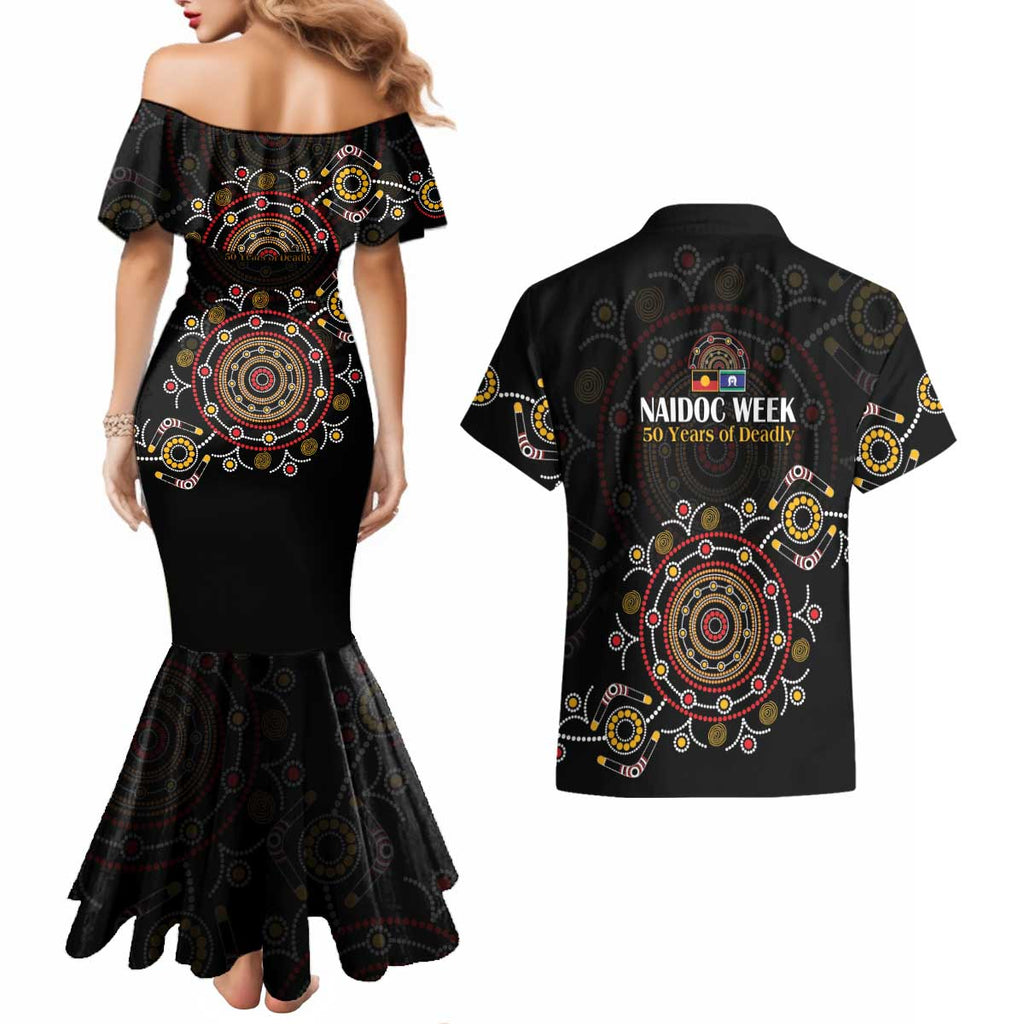 NAIDOC Deadly 50 Years Couples Matching Mermaid Dress and Hawaiian Shirt Aboriginal Black Gold Boomerang Art