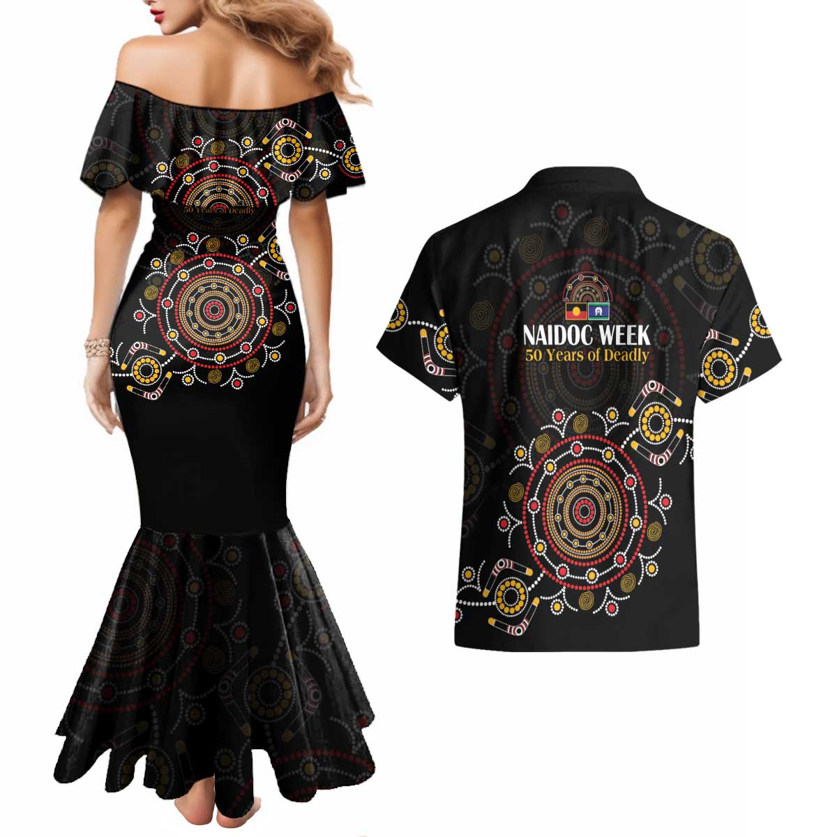 NAIDOC Deadly 50 Years Couples Matching Mermaid Dress and Hawaiian Shirt Aboriginal Black Gold Boomerang Art