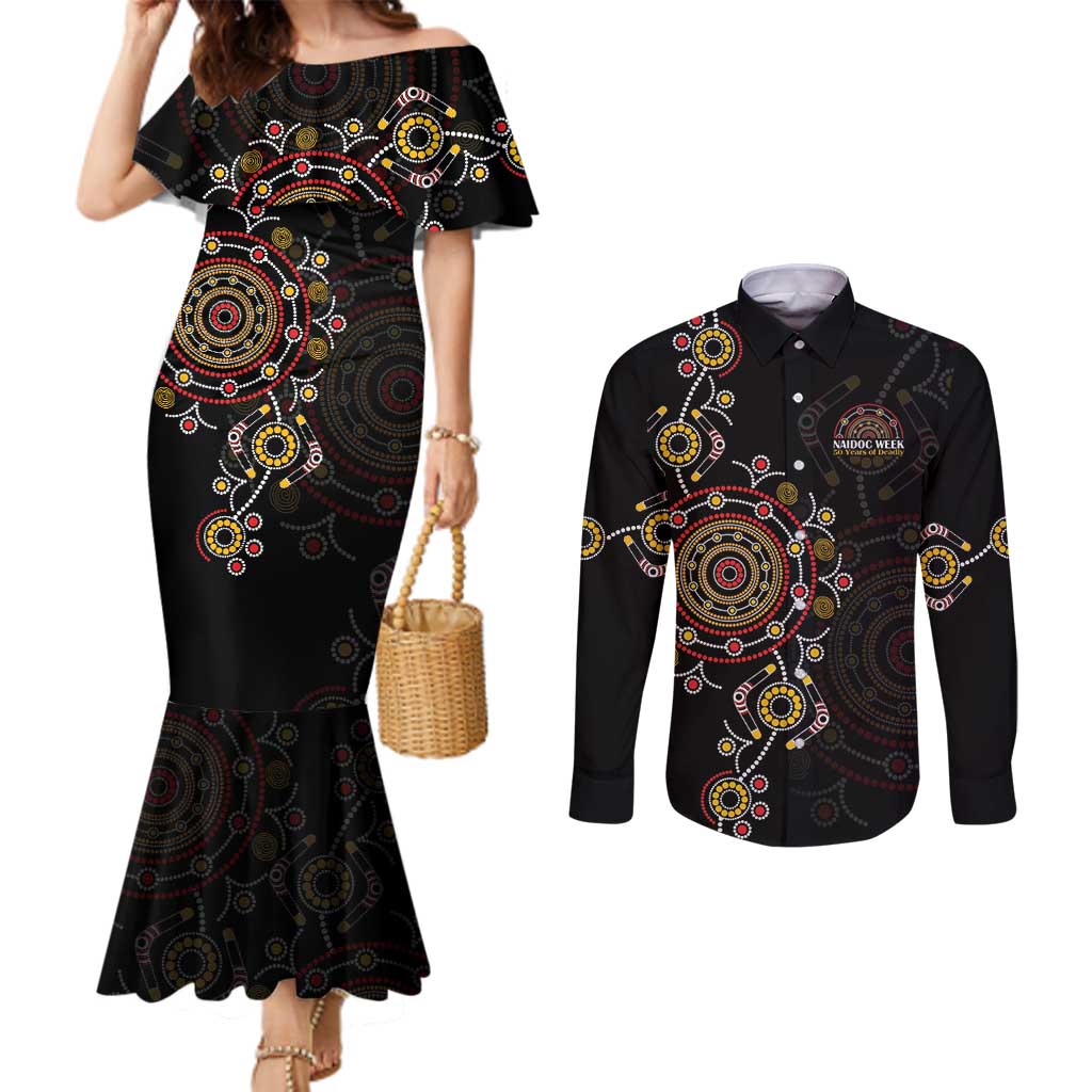 NAIDOC Deadly 50 Years Couples Matching Mermaid Dress and Long Sleeve Button Shirt Aboriginal Black Gold Boomerang Art