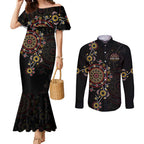 NAIDOC Deadly 50 Years Couples Matching Mermaid Dress and Long Sleeve Button Shirt Aboriginal Black Gold Boomerang Art
