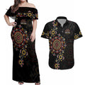 NAIDOC Deadly 50 Years Couples Matching Off Shoulder Maxi Dress and Hawaiian Shirt Aboriginal Black Gold Boomerang Art