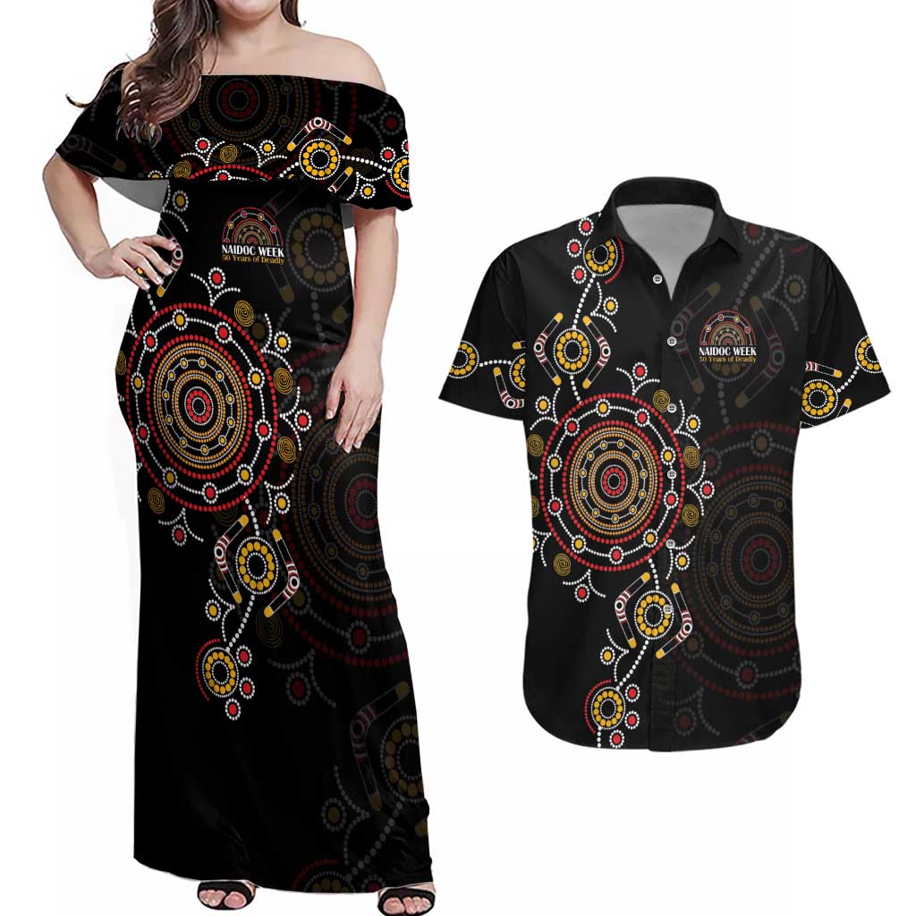 NAIDOC Deadly 50 Years Couples Matching Off Shoulder Maxi Dress and Hawaiian Shirt Aboriginal Black Gold Boomerang Art