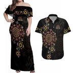 NAIDOC Deadly 50 Years Couples Matching Off Shoulder Maxi Dress and Hawaiian Shirt Aboriginal Black Gold Boomerang Art