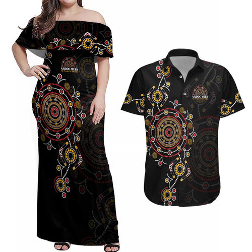 NAIDOC Deadly 50 Years Couples Matching Off Shoulder Maxi Dress and Hawaiian Shirt Aboriginal Black Gold Boomerang Art