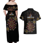 NAIDOC Deadly 50 Years Couples Matching Off Shoulder Maxi Dress and Hawaiian Shirt Aboriginal Black Gold Boomerang Art