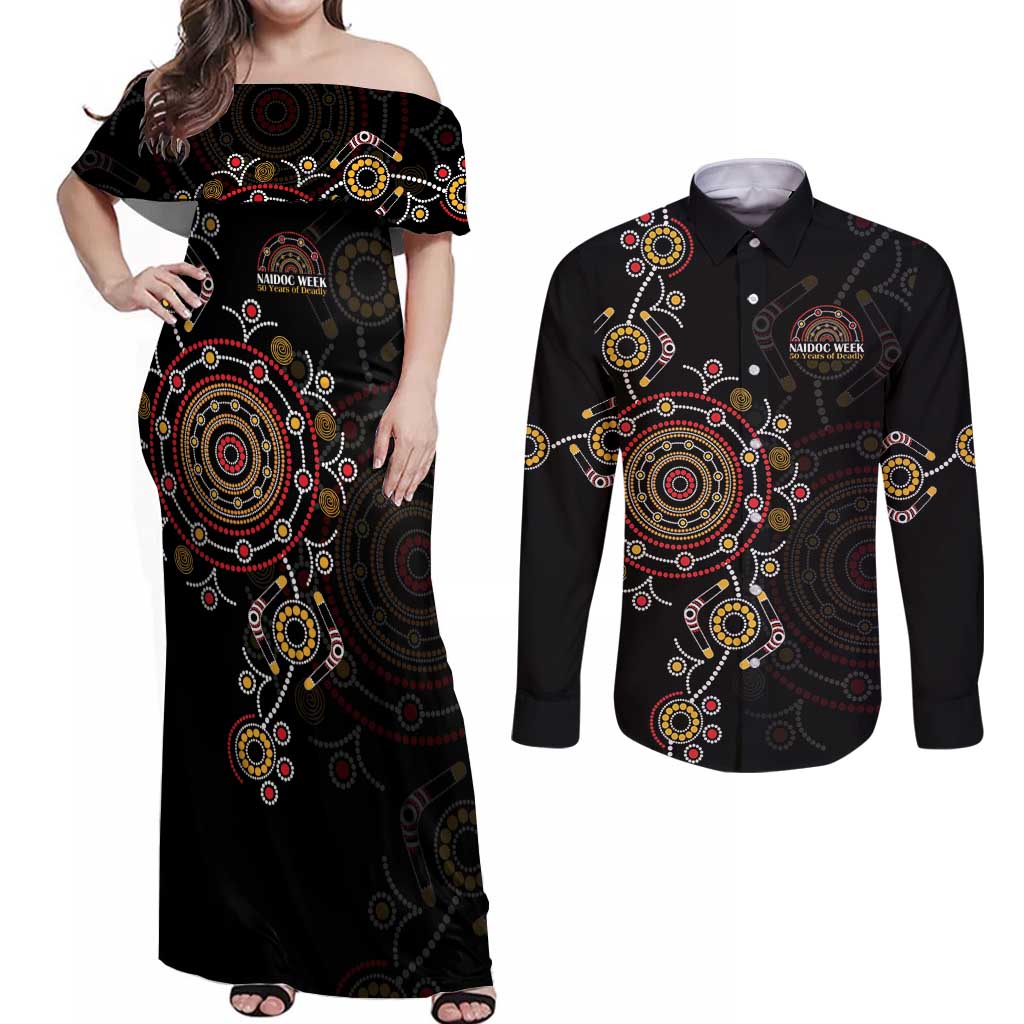 NAIDOC Deadly 50 Years Couples Matching Off Shoulder Maxi Dress and Long Sleeve Button Shirt Aboriginal Black Gold Boomerang Art