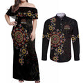 NAIDOC Deadly 50 Years Couples Matching Off Shoulder Maxi Dress and Long Sleeve Button Shirt Aboriginal Black Gold Boomerang Art