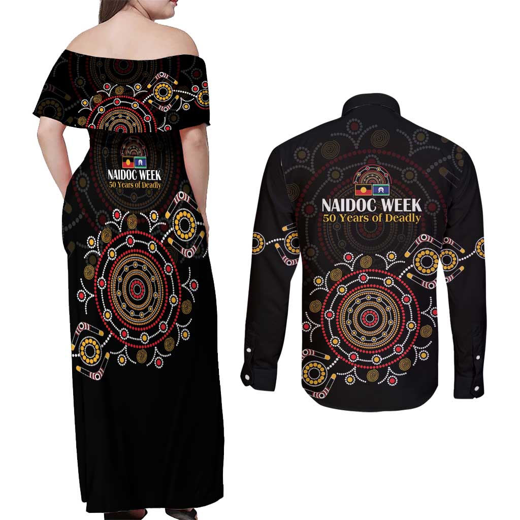 NAIDOC Deadly 50 Years Couples Matching Off Shoulder Maxi Dress and Long Sleeve Button Shirt Aboriginal Black Gold Boomerang Art