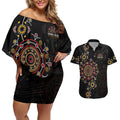 NAIDOC Deadly 50 Years Couples Matching Off Shoulder Short Dress and Hawaiian Shirt Aboriginal Black Gold Boomerang Art