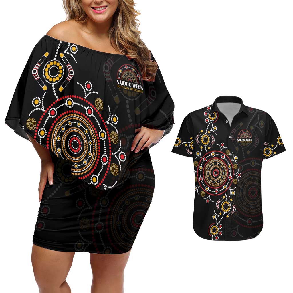 NAIDOC Deadly 50 Years Couples Matching Off Shoulder Short Dress and Hawaiian Shirt Aboriginal Black Gold Boomerang Art