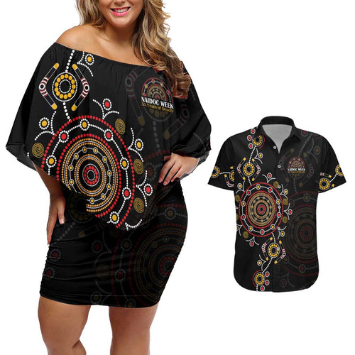 NAIDOC Deadly 50 Years Couples Matching Off Shoulder Short Dress and Hawaiian Shirt Aboriginal Black Gold Boomerang Art