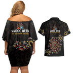 NAIDOC Deadly 50 Years Couples Matching Off Shoulder Short Dress and Hawaiian Shirt Aboriginal Black Gold Boomerang Art
