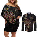 NAIDOC Deadly 50 Years Couples Matching Off Shoulder Short Dress and Long Sleeve Button Shirt Aboriginal Black Gold Boomerang Art