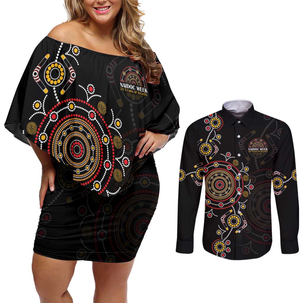 NAIDOC Deadly 50 Years Couples Matching Off Shoulder Short Dress and Long Sleeve Button Shirt Aboriginal Black Gold Boomerang Art