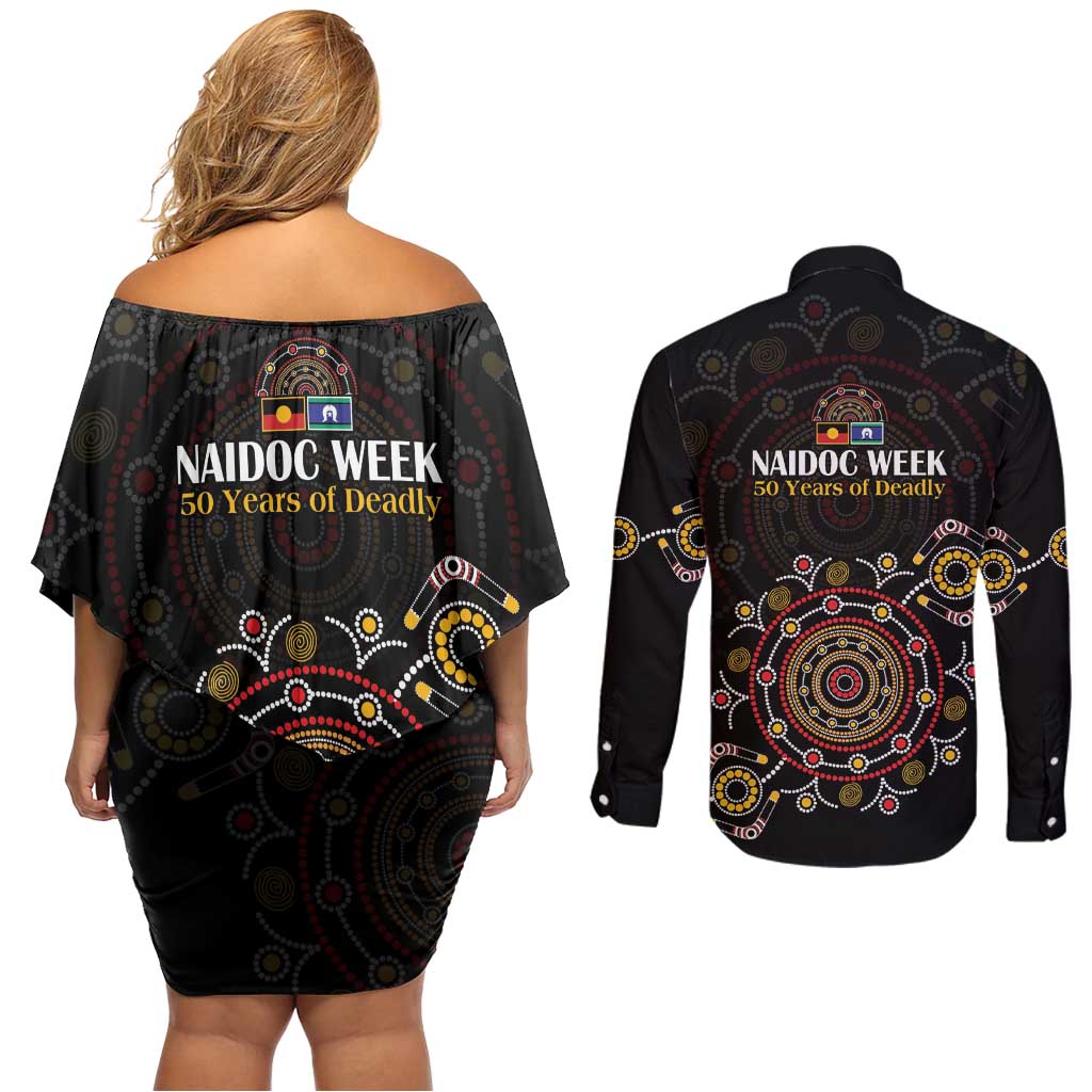 NAIDOC Deadly 50 Years Couples Matching Off Shoulder Short Dress and Long Sleeve Button Shirt Aboriginal Black Gold Boomerang Art
