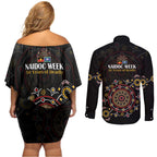 NAIDOC Deadly 50 Years Couples Matching Off Shoulder Short Dress and Long Sleeve Button Shirt Aboriginal Black Gold Boomerang Art