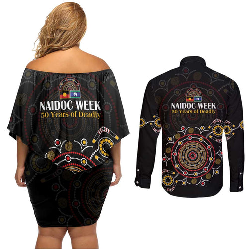 NAIDOC Deadly 50 Years Couples Matching Off Shoulder Short Dress and Long Sleeve Button Shirt Aboriginal Black Gold Boomerang Art