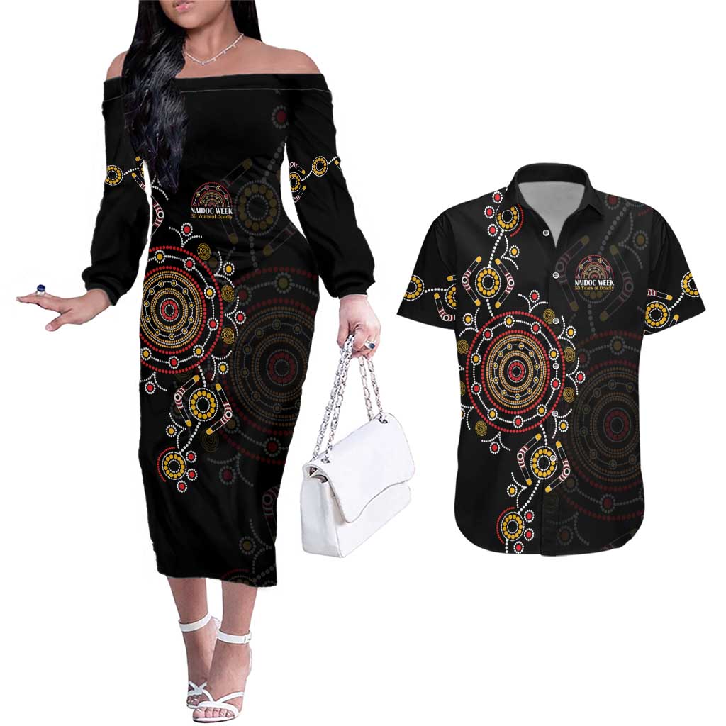 NAIDOC Deadly 50 Years Couples Matching Off The Shoulder Long Sleeve Dress and Hawaiian Shirt Aboriginal Black Gold Boomerang Art