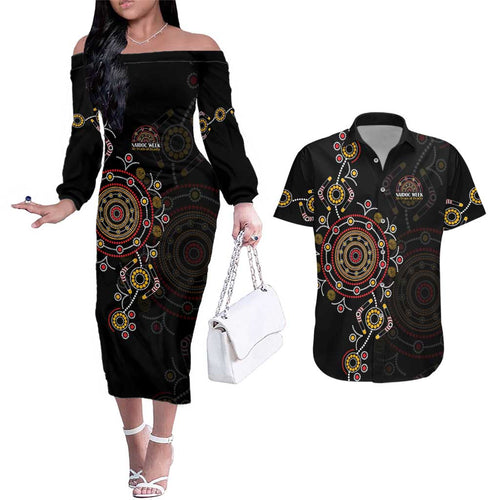 NAIDOC Deadly 50 Years Couples Matching Off The Shoulder Long Sleeve Dress and Hawaiian Shirt Aboriginal Black Gold Boomerang Art