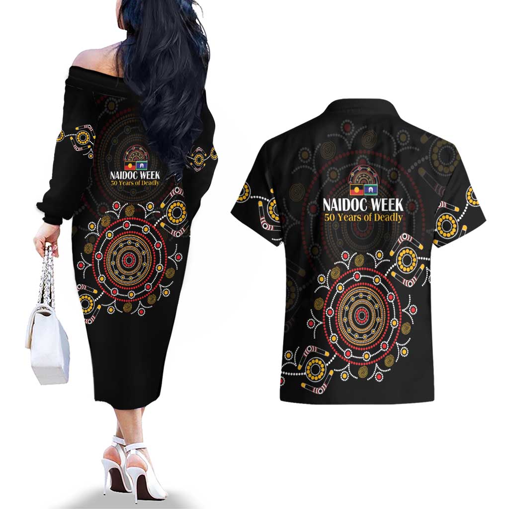 NAIDOC Deadly 50 Years Couples Matching Off The Shoulder Long Sleeve Dress and Hawaiian Shirt Aboriginal Black Gold Boomerang Art
