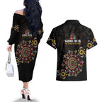NAIDOC Deadly 50 Years Couples Matching Off The Shoulder Long Sleeve Dress and Hawaiian Shirt Aboriginal Black Gold Boomerang Art