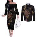 NAIDOC Deadly 50 Years Couples Matching Off The Shoulder Long Sleeve Dress and Long Sleeve Button Shirt Aboriginal Black Gold Boomerang Art