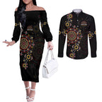 NAIDOC Deadly 50 Years Couples Matching Off The Shoulder Long Sleeve Dress and Long Sleeve Button Shirt Aboriginal Black Gold Boomerang Art