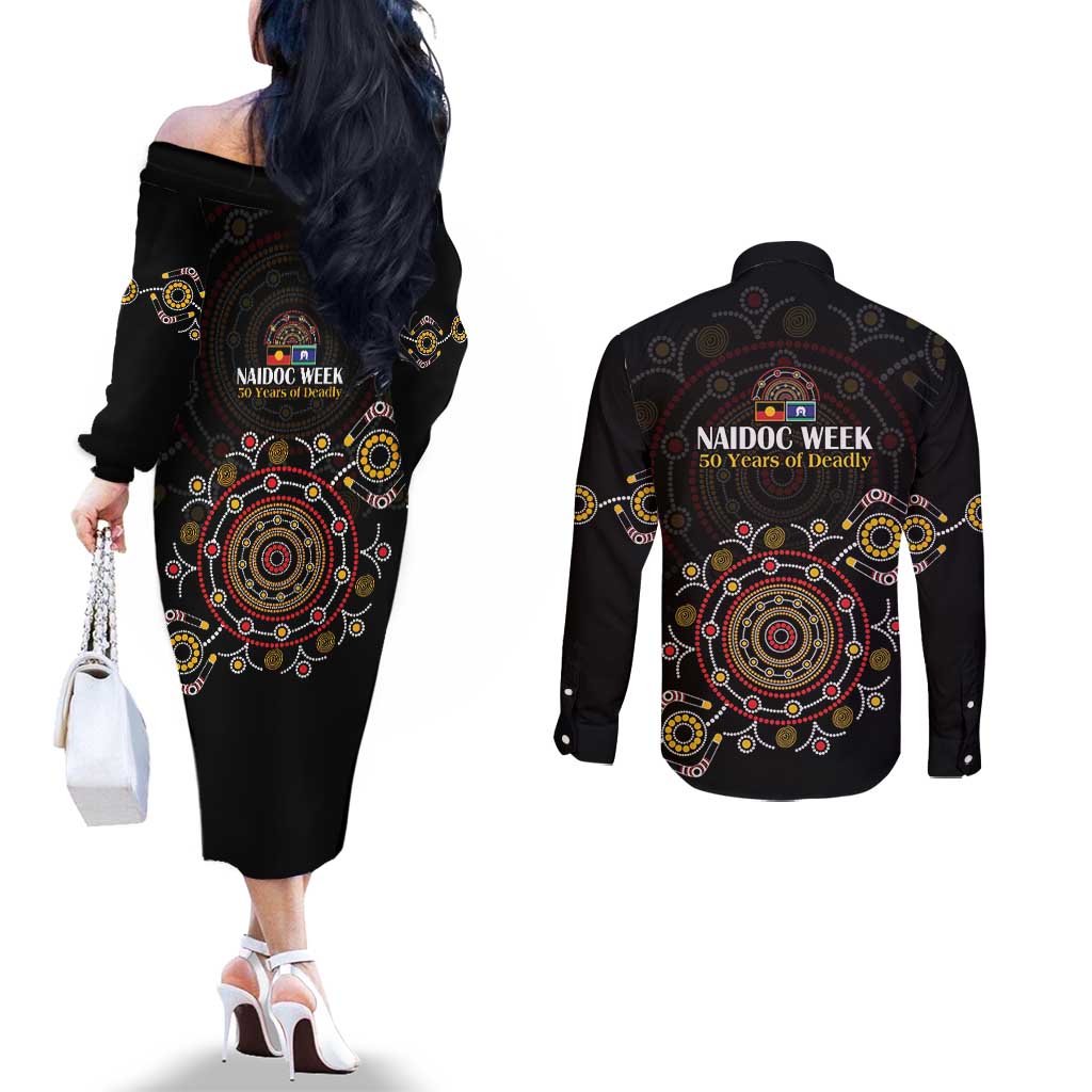 NAIDOC Deadly 50 Years Couples Matching Off The Shoulder Long Sleeve Dress and Long Sleeve Button Shirt Aboriginal Black Gold Boomerang Art