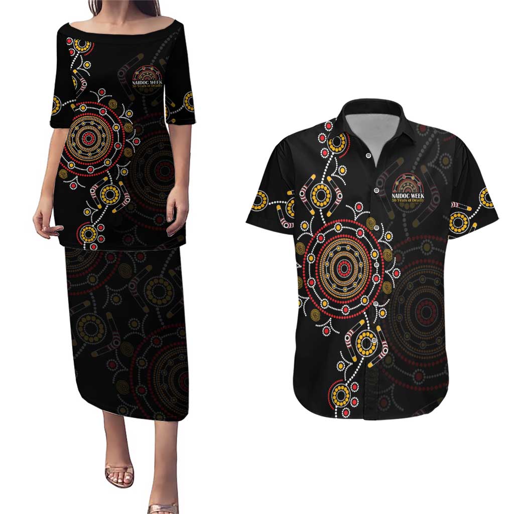 NAIDOC Deadly 50 Years Couples Matching Puletasi and Hawaiian Shirt Aboriginal Black Gold Boomerang Art