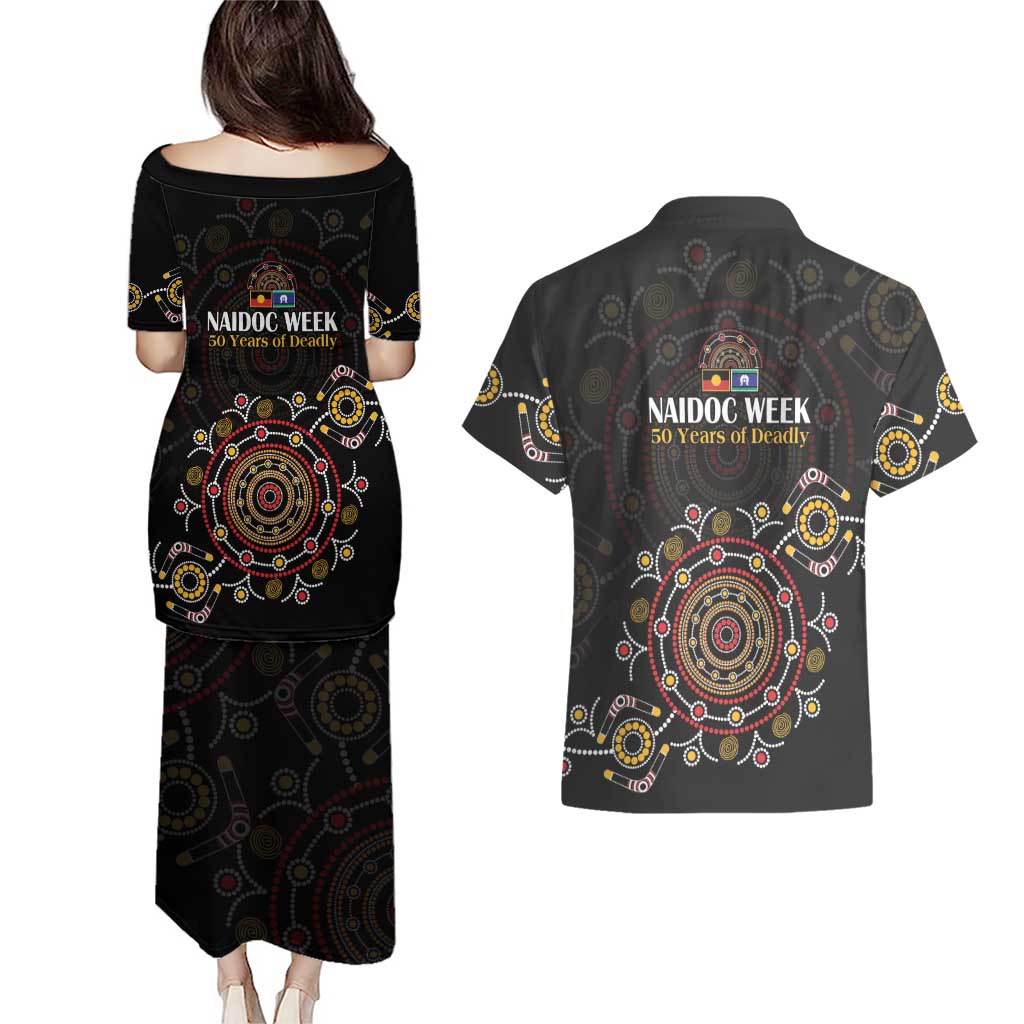 NAIDOC Deadly 50 Years Couples Matching Puletasi and Hawaiian Shirt Aboriginal Black Gold Boomerang Art
