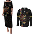 NAIDOC Deadly 50 Years Couples Matching Puletasi and Long Sleeve Button Shirt Aboriginal Black Gold Boomerang Art