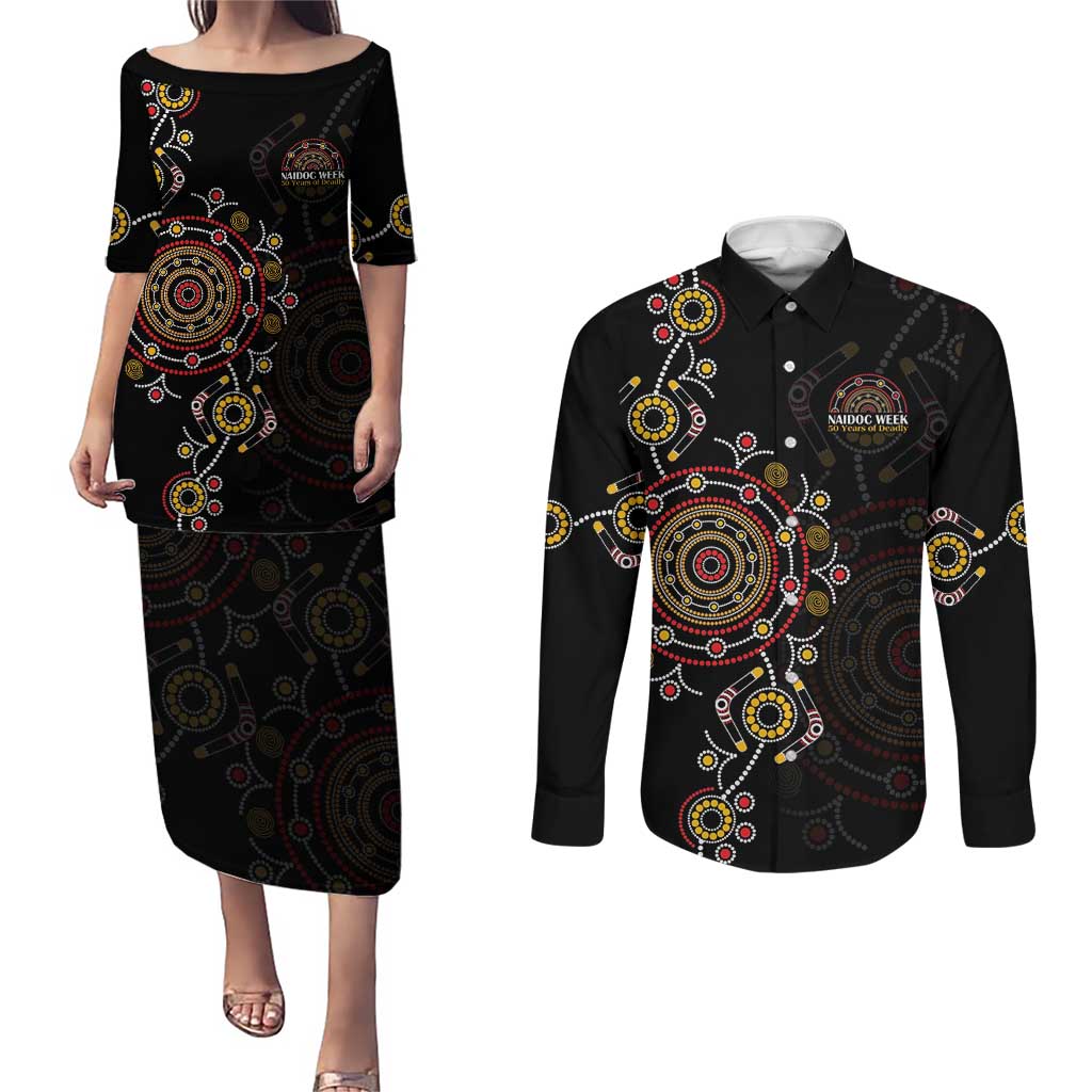 NAIDOC Deadly 50 Years Couples Matching Puletasi and Long Sleeve Button Shirt Aboriginal Black Gold Boomerang Art